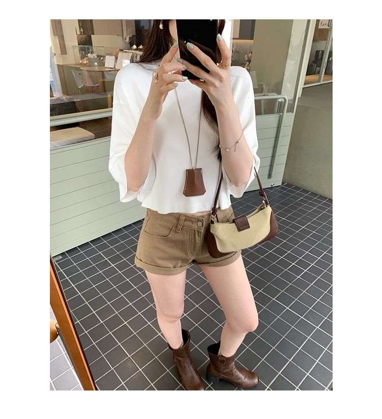 Cropped Knit Top with Mock Neck and 3/4 Sleeves