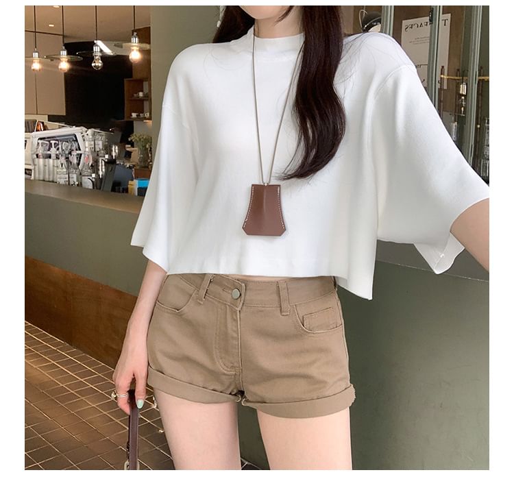 Cropped Knit Top with Mock Neck and 3/4 Sleeves