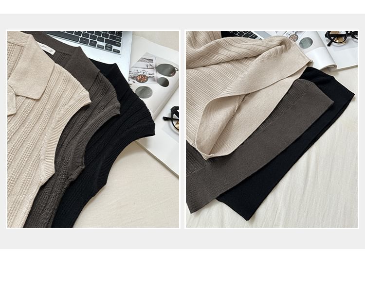Slim-Fit Knit Top with Cap Sleeves and Notch Lapel in Solid Color