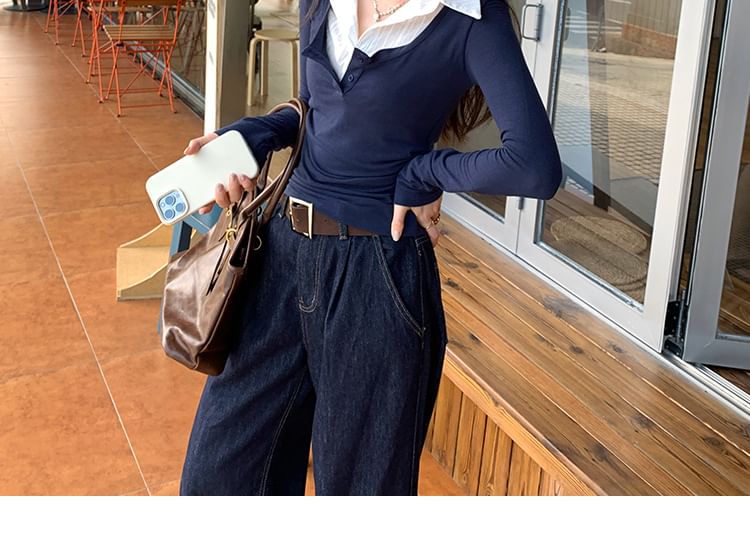 Mock Two-Piece Slim-Fit Tee with Collar, Two-Tone, and Ruched Long Sleeves