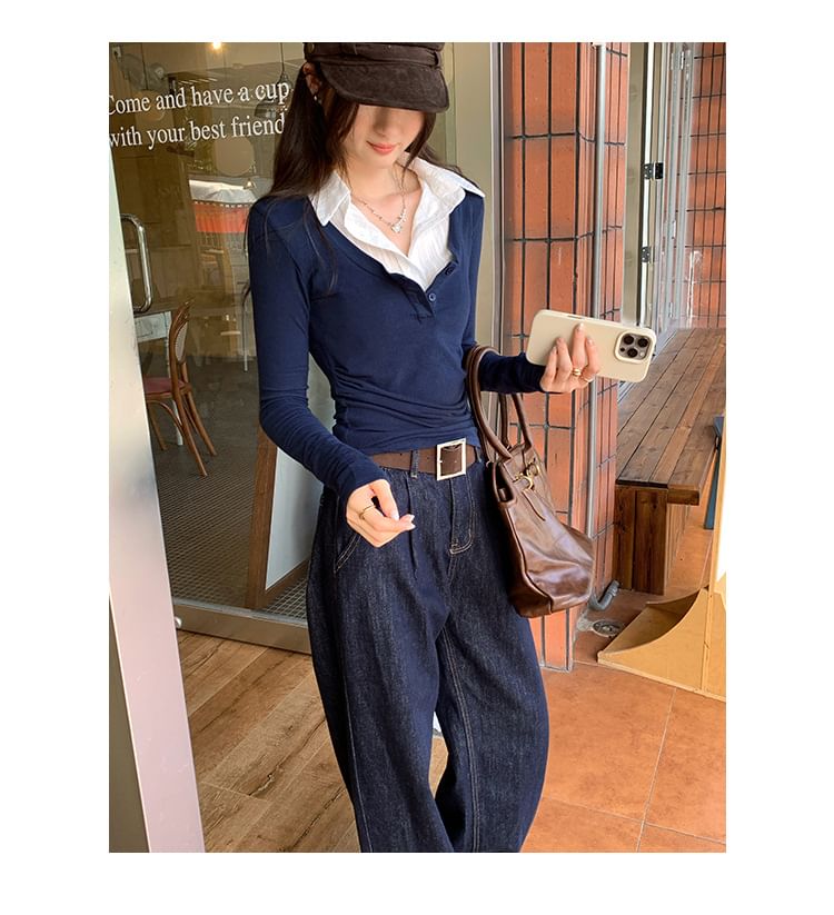 Mock Two-Piece Slim-Fit Tee with Collar, Two-Tone, and Ruched Long Sleeves