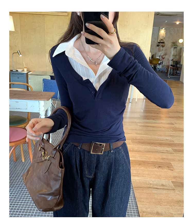 Mock Two-Piece Slim-Fit Tee with Collar, Two-Tone, and Ruched Long Sleeves