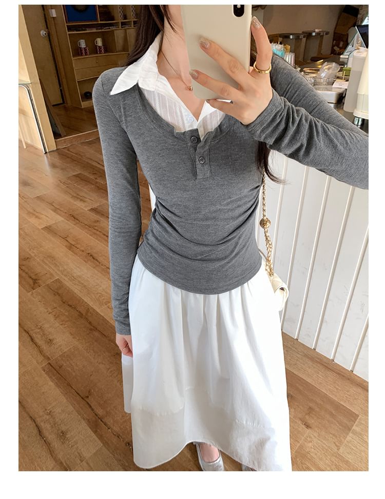Mock Two-Piece Slim-Fit Tee with Collar, Two-Tone, and Ruched Long Sleeves