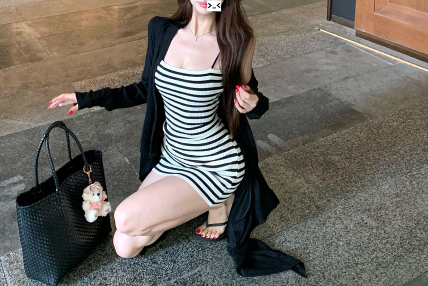 Spaghetti Strap Striped Mini Bodycon Dress / Asymmetrical Cardigan