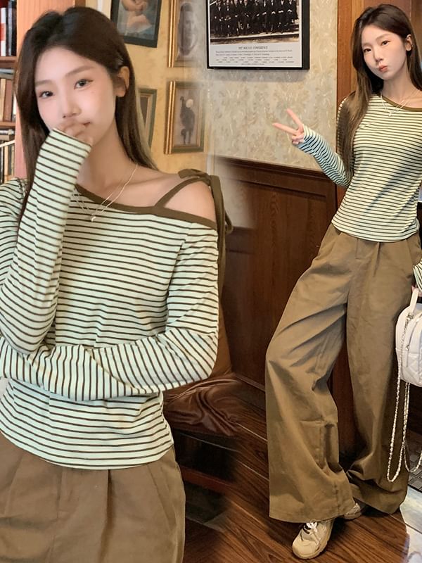 Striped Cold-Shoulder Tee with Extended Sleeves