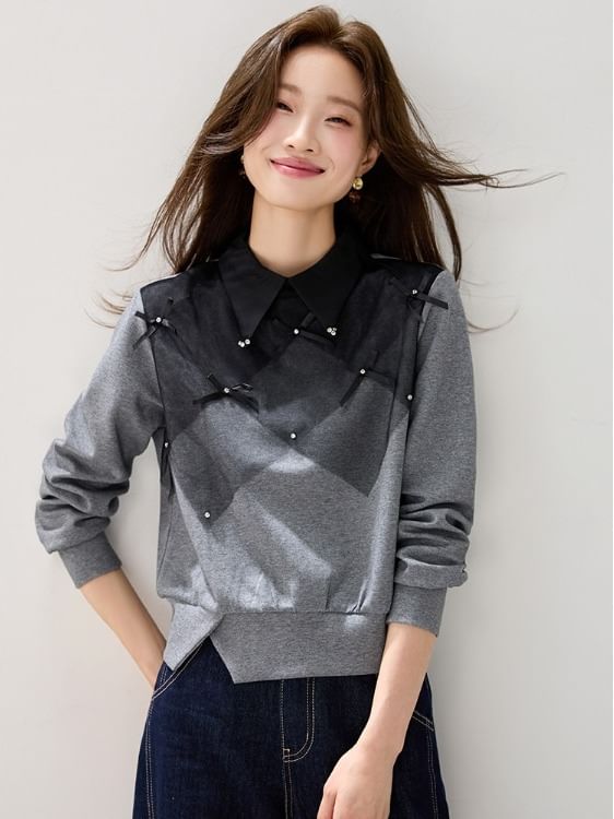 Color Block Sweatshirt with Collared Neckline