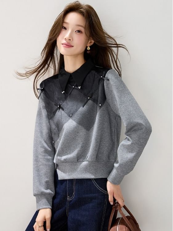 Color Block Sweatshirt with Collared Neckline