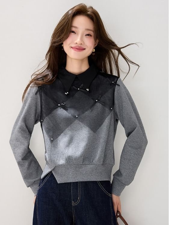 Color Block Sweatshirt with Collared Neckline
