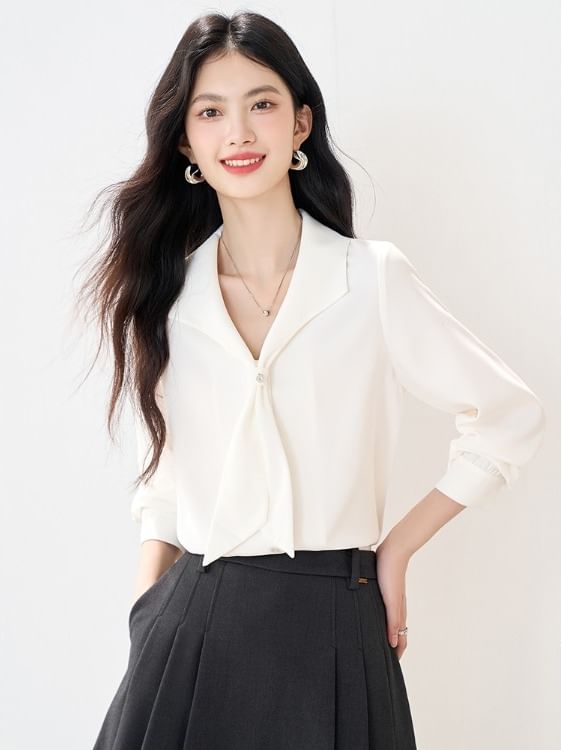 V-Neck Plain Blouse with Extended Sleeves