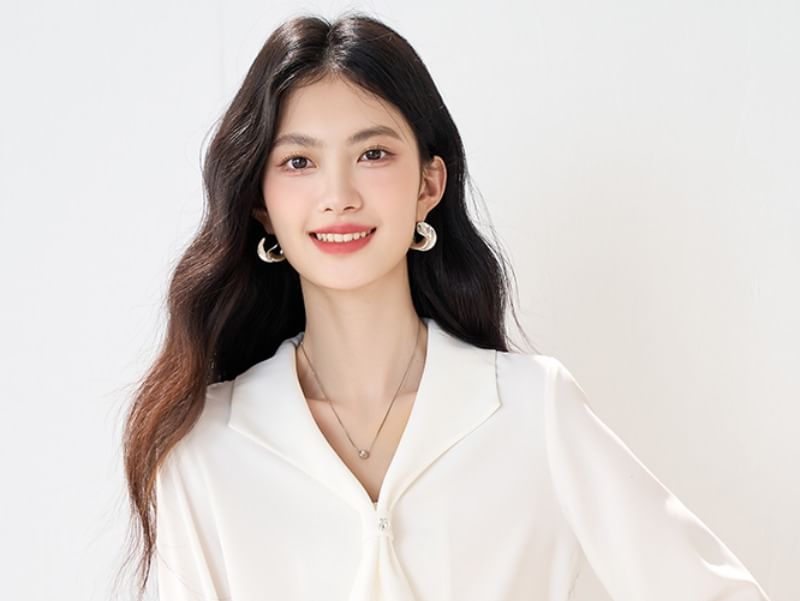 V-Neck Plain Blouse with Extended Sleeves