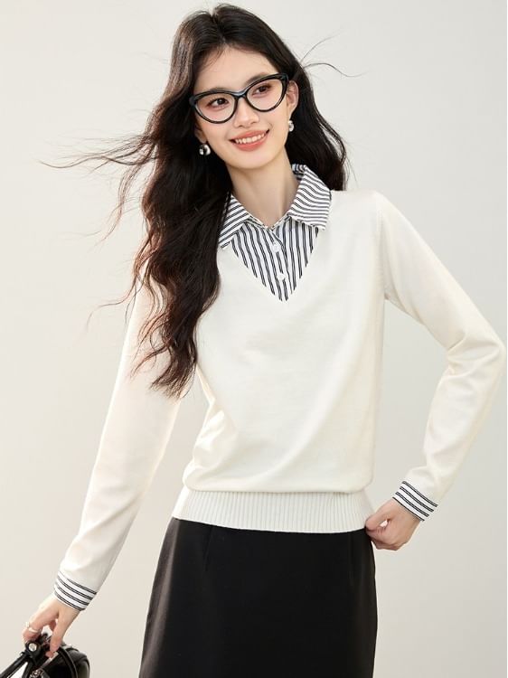 Striped Panel Knit Top with Collar and Extended Sleeves