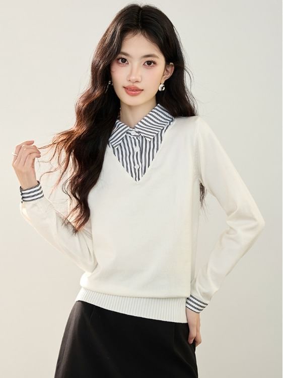 Striped Panel Knit Top with Collar and Extended Sleeves