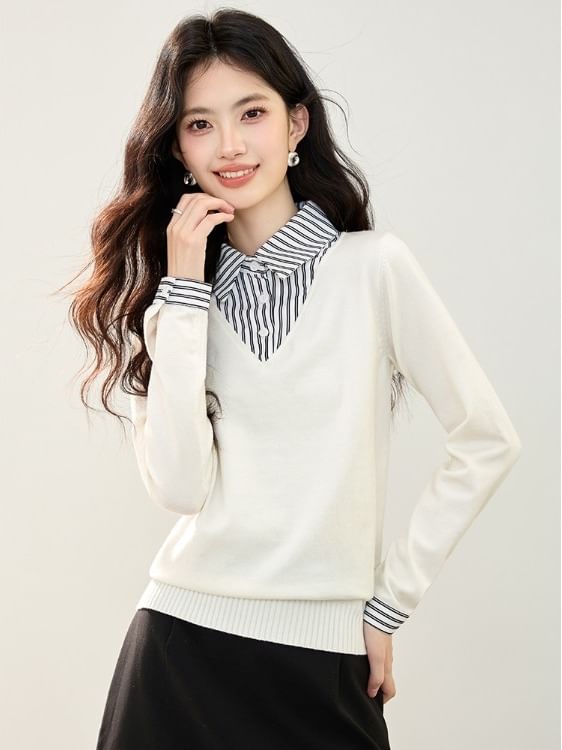 Striped Panel Knit Top with Collar and Extended Sleeves