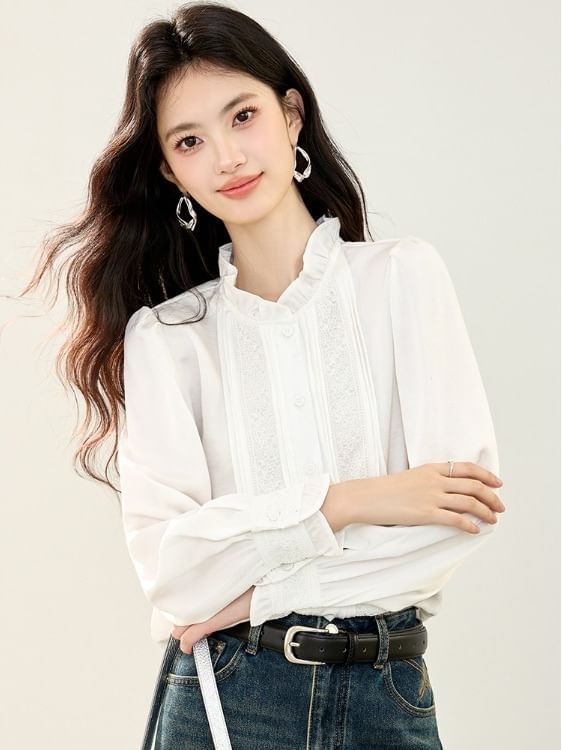Lace-Trimmed Blouse with Ruffle Collar and Long Sleeves