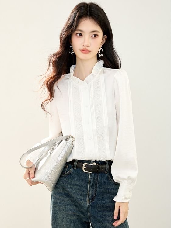 Lace-Trimmed Blouse with Ruffle Collar and Long Sleeves