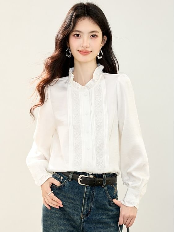Lace-Trimmed Blouse with Ruffle Collar and Long Sleeves