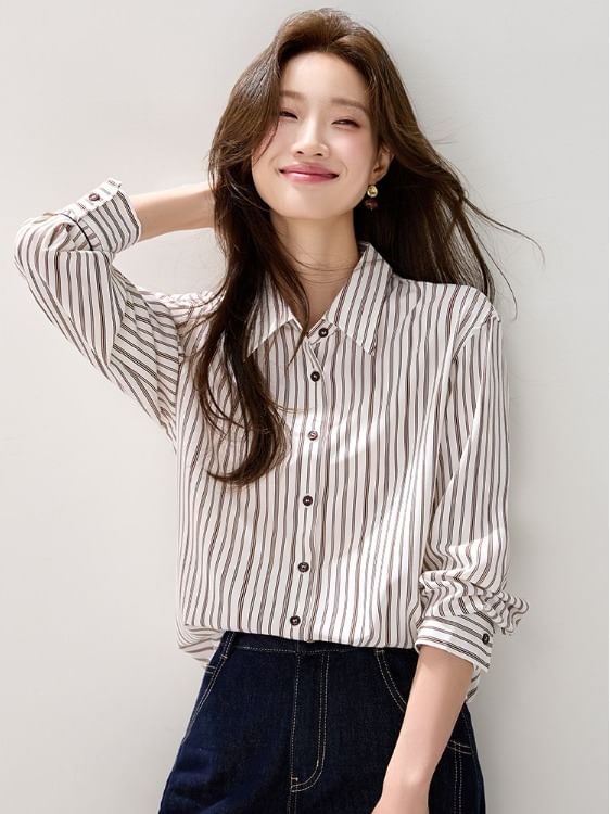 Striped Button-Front Shirt with Collar and Long Sleeves