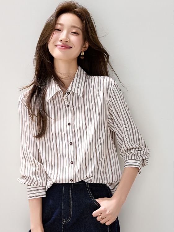 Striped Button-Front Shirt with Collar and Long Sleeves
