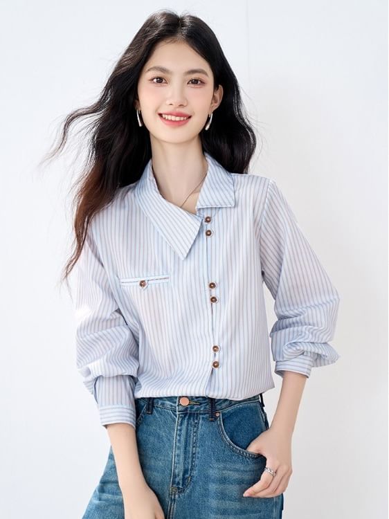 Asymmetric Button-Up Shirt with Collar and Long Sleeves in Stripes