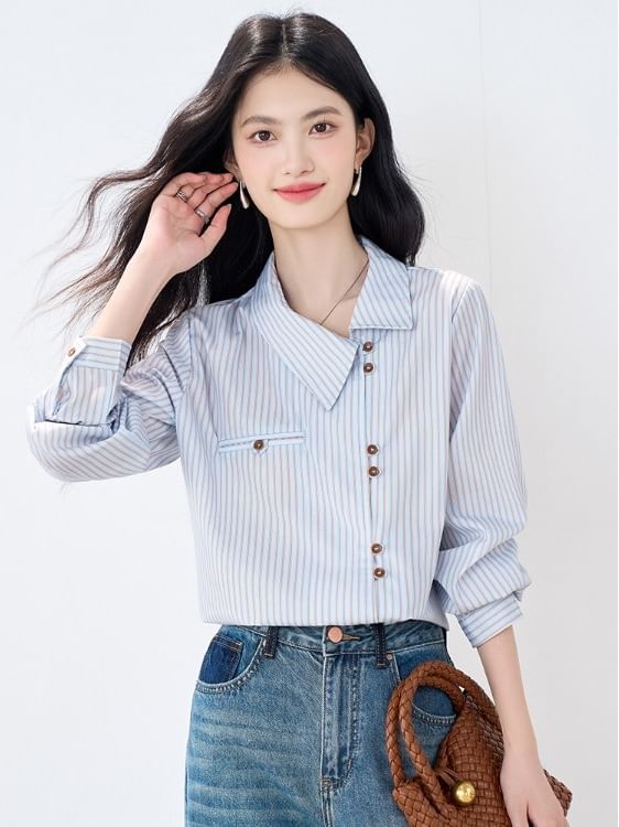 Asymmetric Button-Up Shirt with Collar and Long Sleeves in Stripes