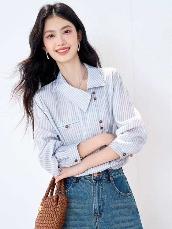 Asymmetric Button-Up Shirt with Collar and Long Sleeves in Stripes