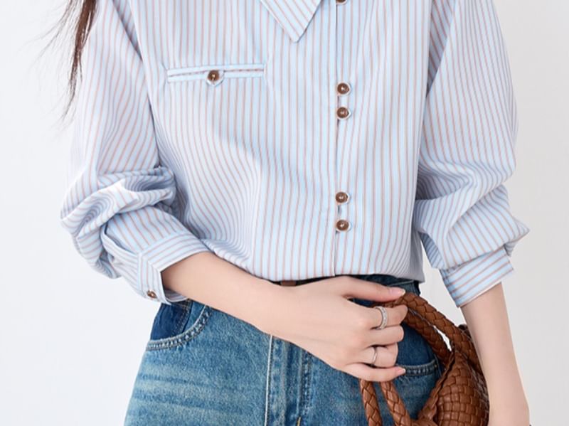 Asymmetric Button-Up Shirt with Collar and Long Sleeves in Stripes