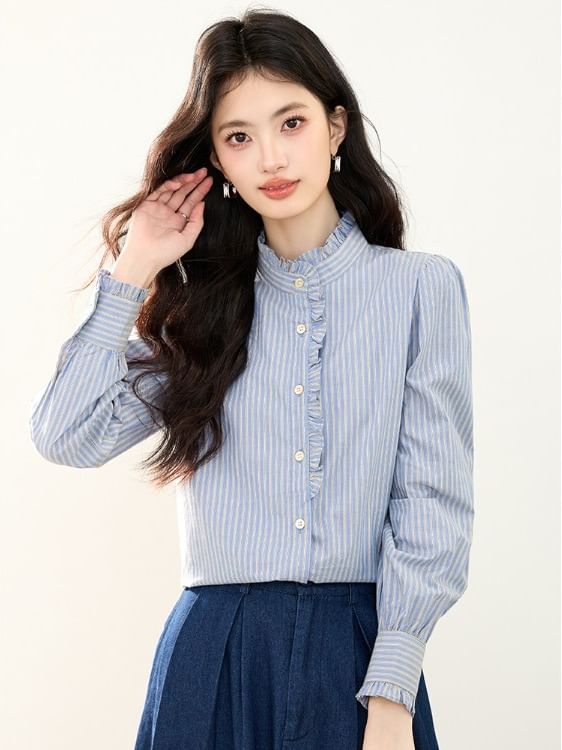 Striped Ruffle-Trim Blouse with Stand Collar and Long Sleeves