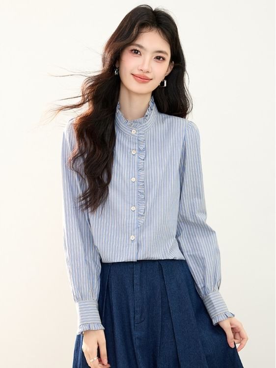 Striped Ruffle-Trim Blouse with Stand Collar and Long Sleeves