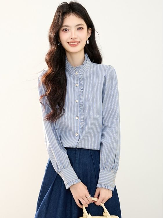 Striped Ruffle-Trim Blouse with Stand Collar and Long Sleeves