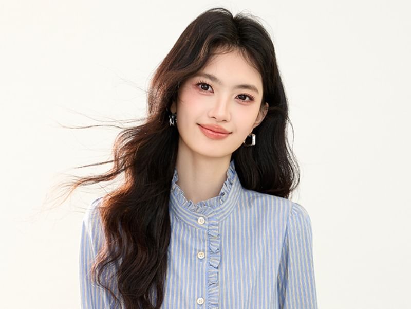 Striped Ruffle-Trim Blouse with Stand Collar and Long Sleeves