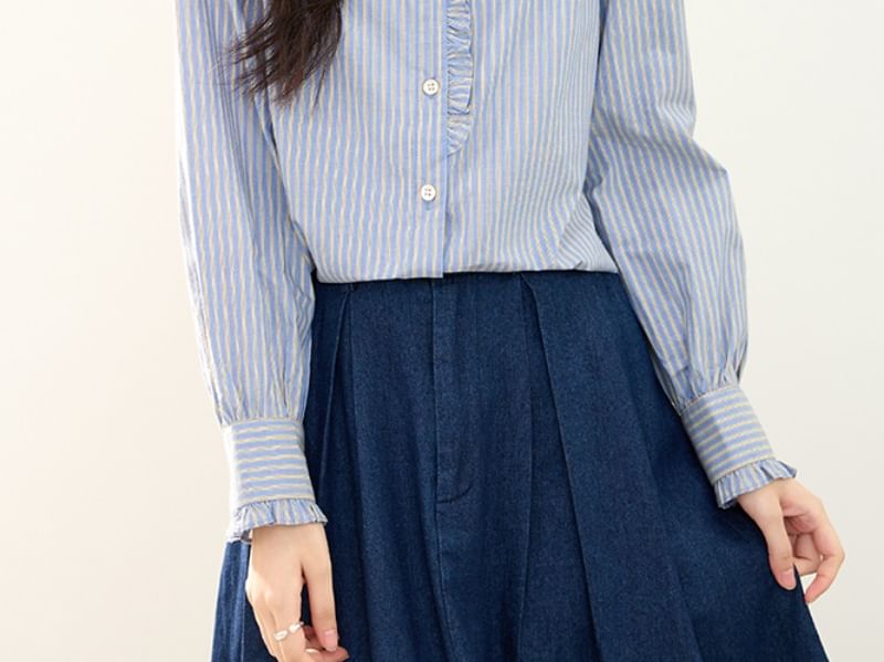 Striped Ruffle-Trim Blouse with Stand Collar and Long Sleeves