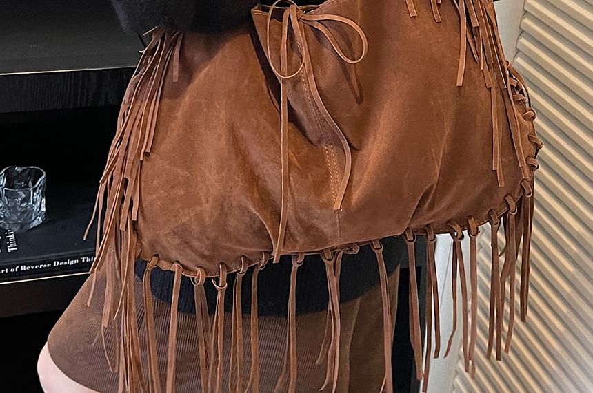 Faux Suede Fringe Shoulder Bag
