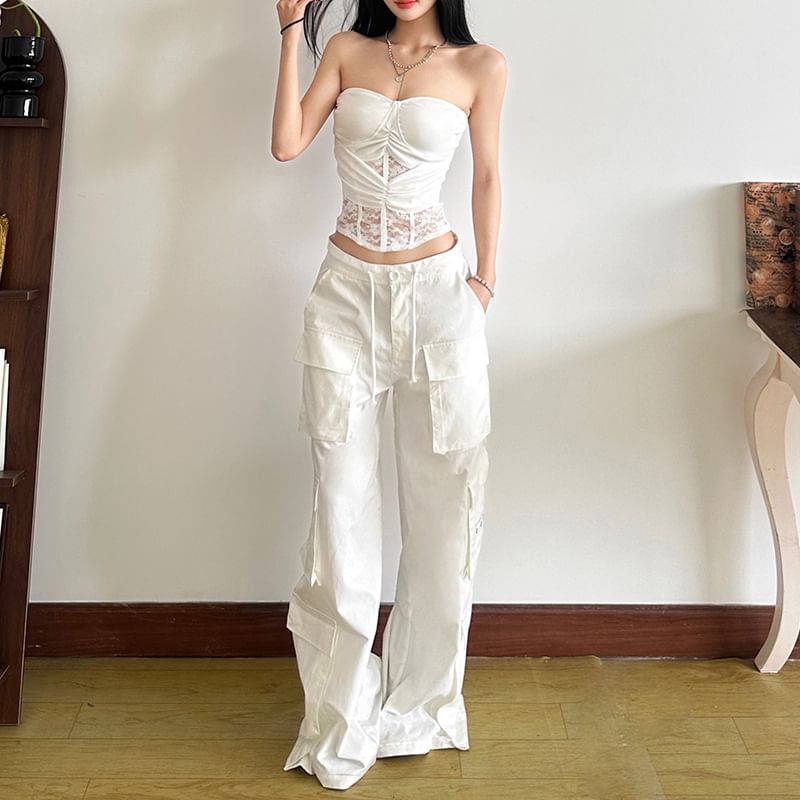 Ruched Lace Panel Tube Top