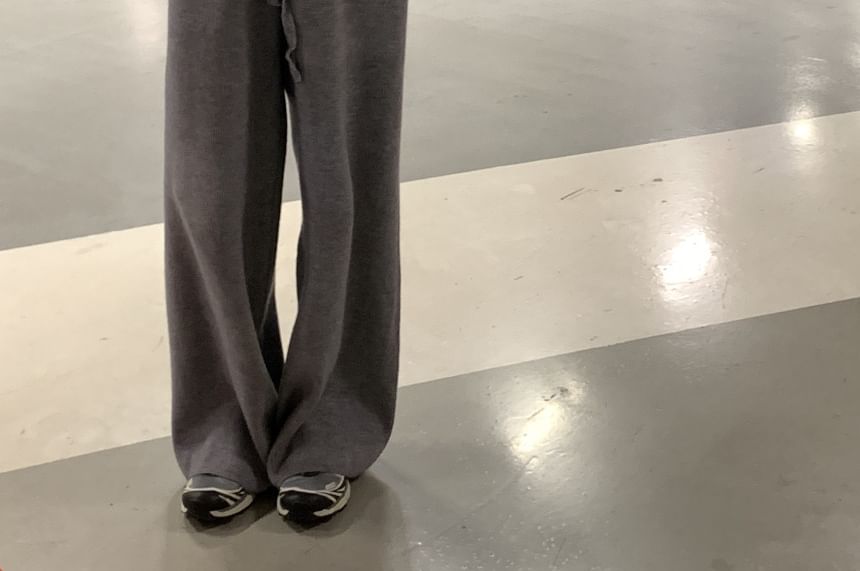 Two-Piece Outfit: Plain Knit Boatneck Top and Wide-Leg Trousers