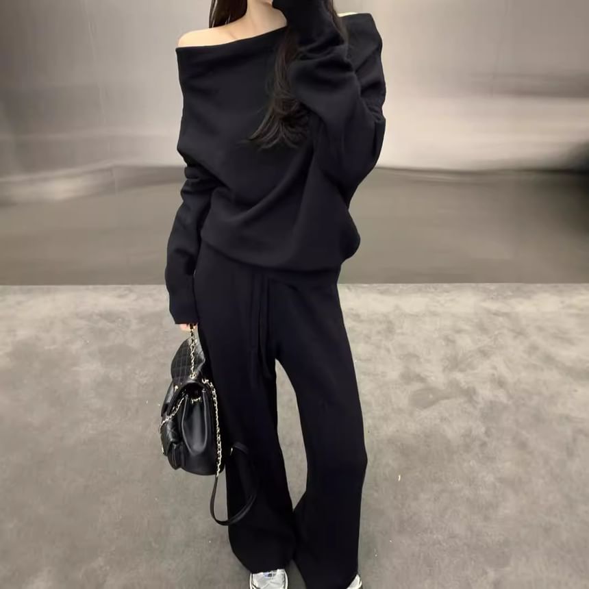 Two-Piece Outfit: Plain Knit Boatneck Top and Wide-Leg Trousers