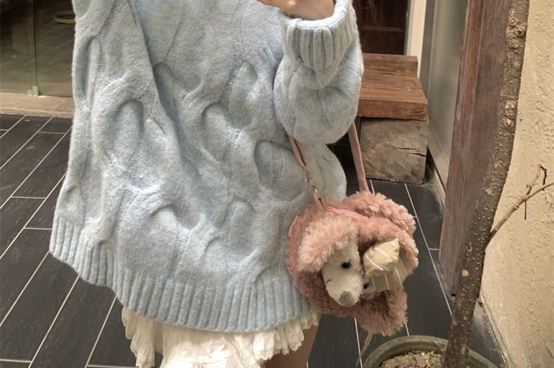 Cable Knit Plain Sweater with Crewneck