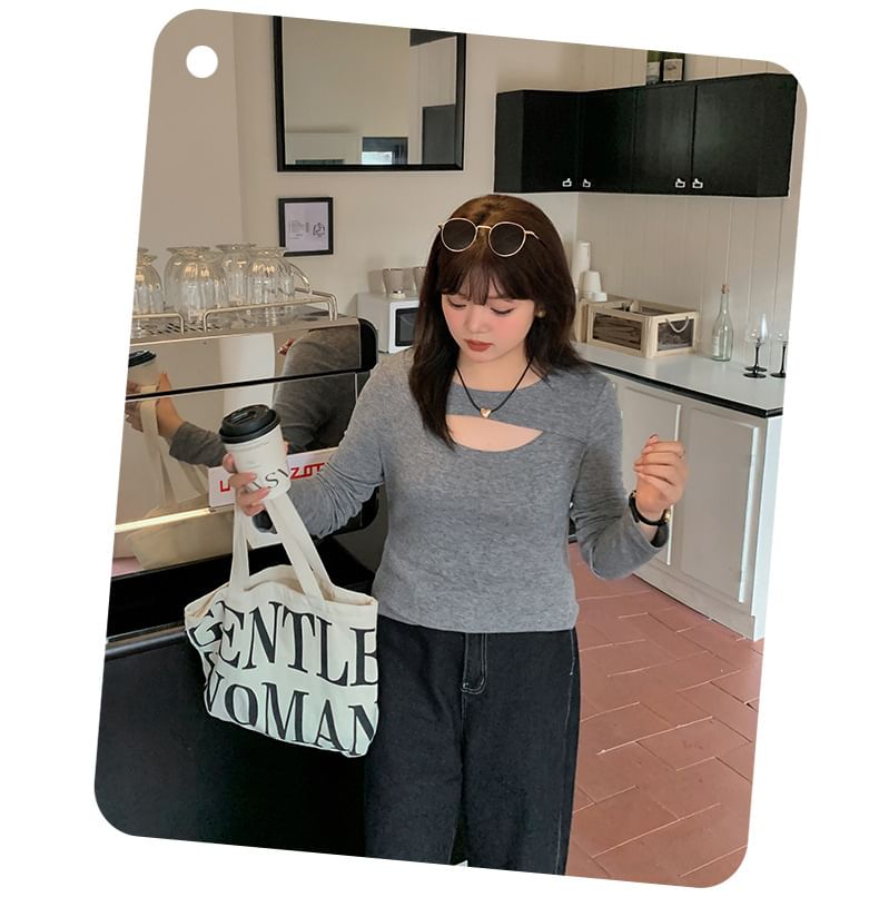 Cutout Knit Top with Long Sleeves and Crew Neck in Solid Color