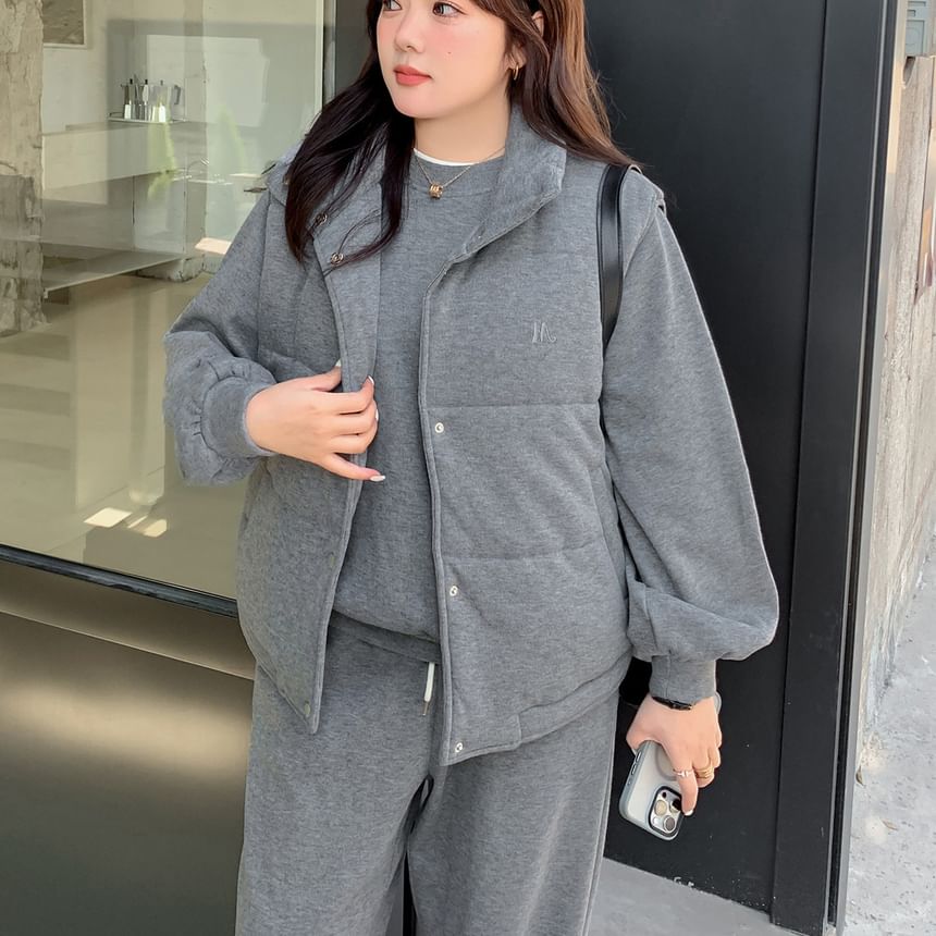Melange Padded Button Vest with Stand Collar, Pullover and Baggy Sweatpants