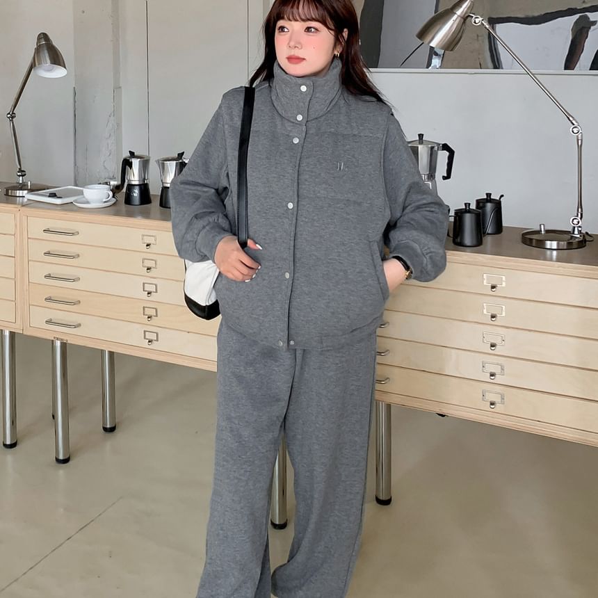 Melange Padded Button Vest with Stand Collar, Pullover and Baggy Sweatpants