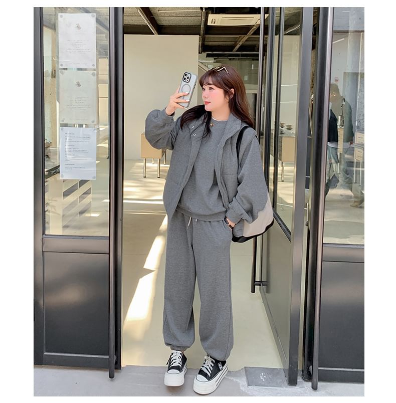 Melange Padded Button Vest with Stand Collar, Pullover and Baggy Sweatpants