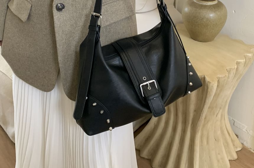Studded Buckled Faux Leather Shoulder Bag