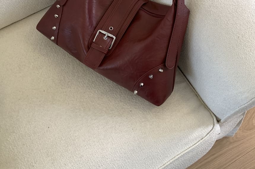 Studded Buckled Faux Leather Shoulder Bag