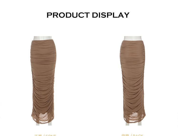 Sweetheart-Neckline Hook & Loop Top and Low-Waist Shirred Midi Pencil Skirt with Long Sleeves