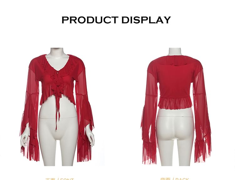 V-Neck Ruffle-Trim Crop Top and High-Waist Plain Maxi A-Line Skirt with Long Sleeves