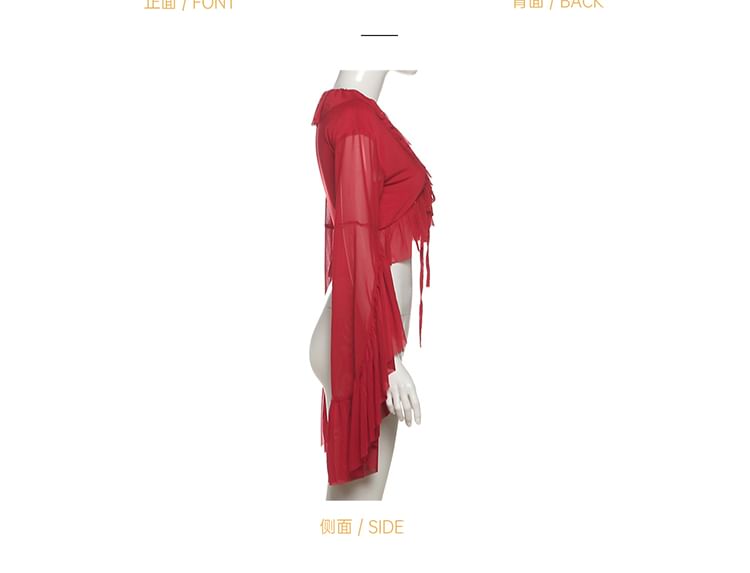 V-Neck Ruffle-Trim Crop Top and High-Waist Plain Maxi A-Line Skirt with Long Sleeves