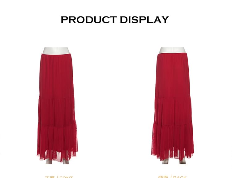 V-Neck Ruffle-Trim Crop Top and High-Waist Plain Maxi A-Line Skirt with Long Sleeves