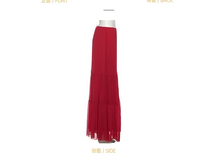 V-Neck Ruffle-Trim Crop Top and High-Waist Plain Maxi A-Line Skirt with Long Sleeves