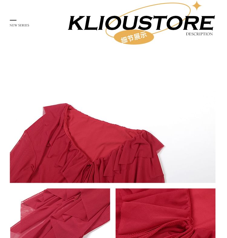 V-Neck Ruffle-Trim Crop Top and High-Waist Plain Maxi A-Line Skirt with Long Sleeves
