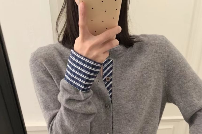 Crew Neck Plaid Trim Button Cardigan