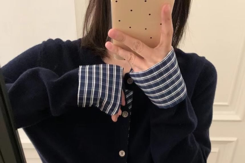 Crew Neck Plaid Trim Button Cardigan